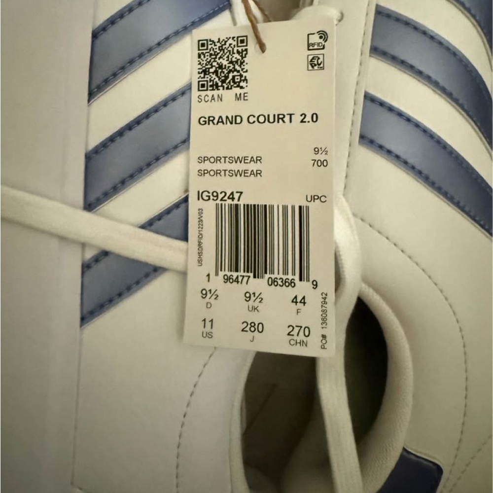 adidas Grand Court 2.0 White Sneakers with Blue Three Stripes - Picture 2 of 2